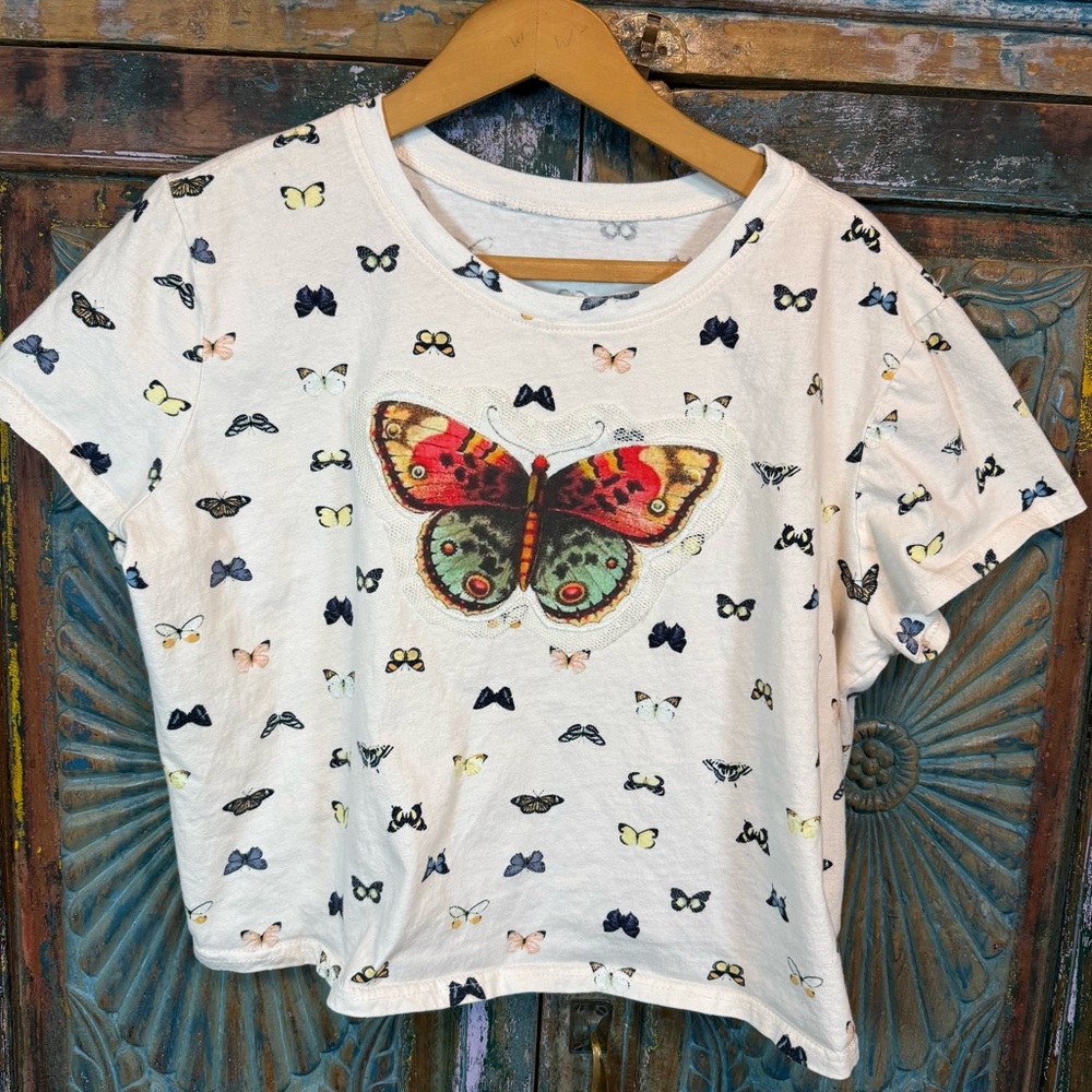 Vintage style butterfly print appliqué shirt Upcycled dopamine